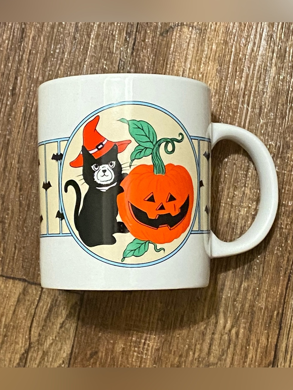 Vintage 80’s 1980’s Coffee Mug Cup Black Cat Witch Pumpkin Halloween 3.5”H 10oz